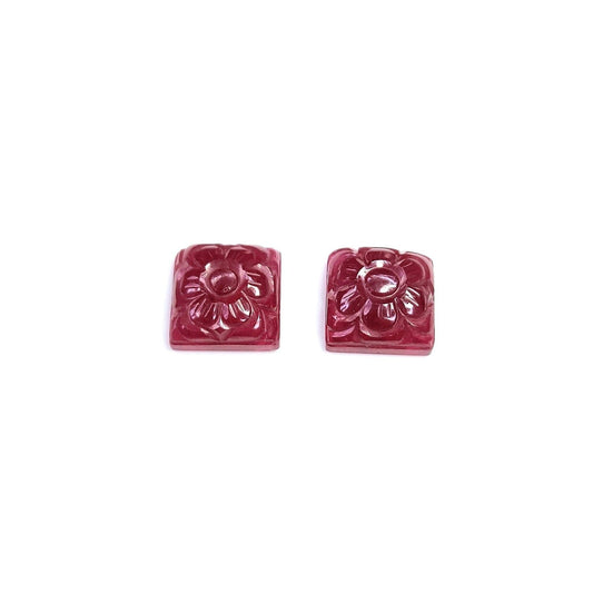 Natural Ruby Flower Hand Carved Gemstone, Fissure Filled Ruby Squares